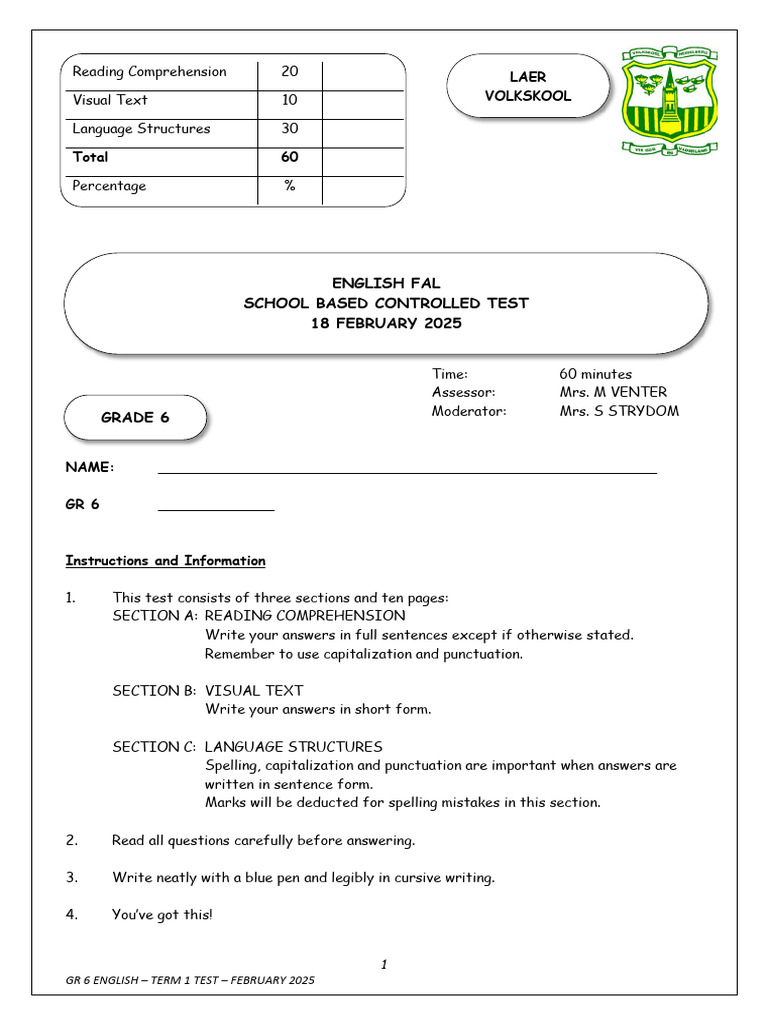 Grade 6 English Term 1 Test 2025 | PDF | Climate Change | Earth Sciences