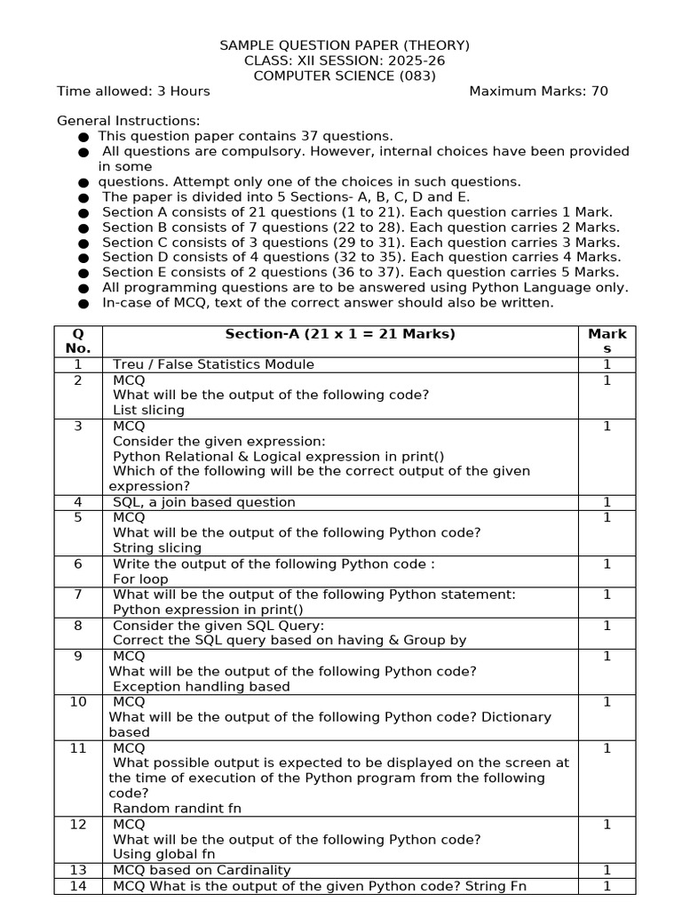 Xii Cs 2025-26 Paper Preparation | PDF | Multiple Choice | Sql