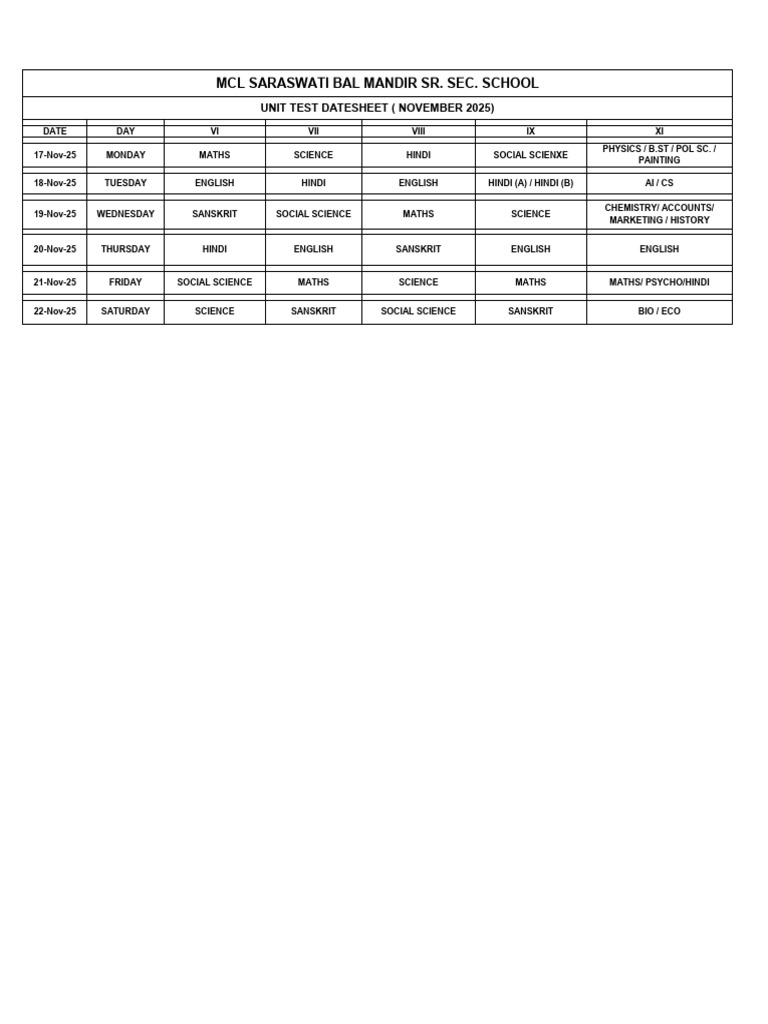 November 2025 Unit Test Schedule | PDF