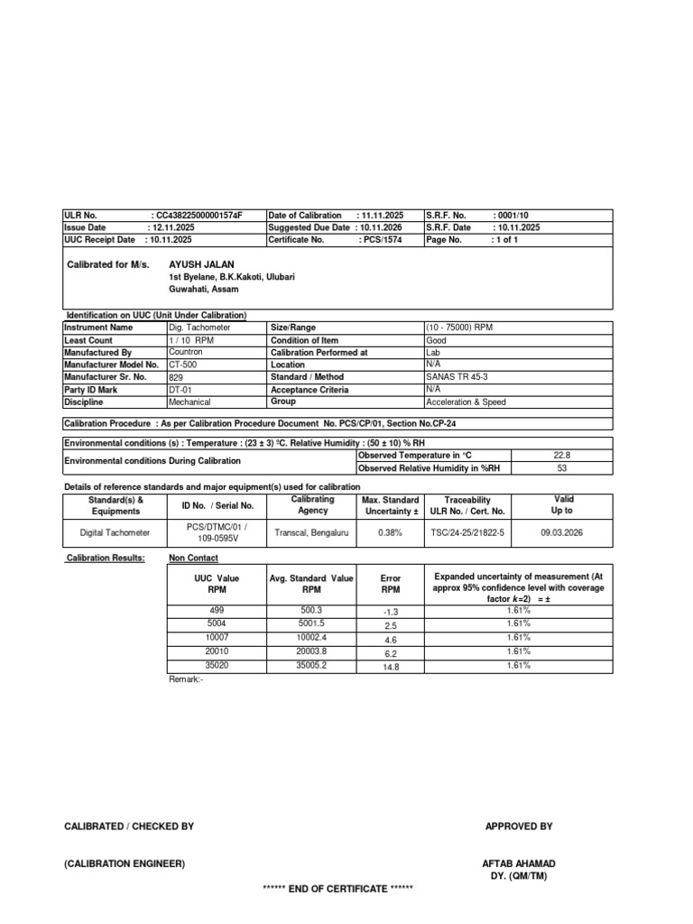 Digital Tachometer Calibration Certificate | PDF | Calibration ...