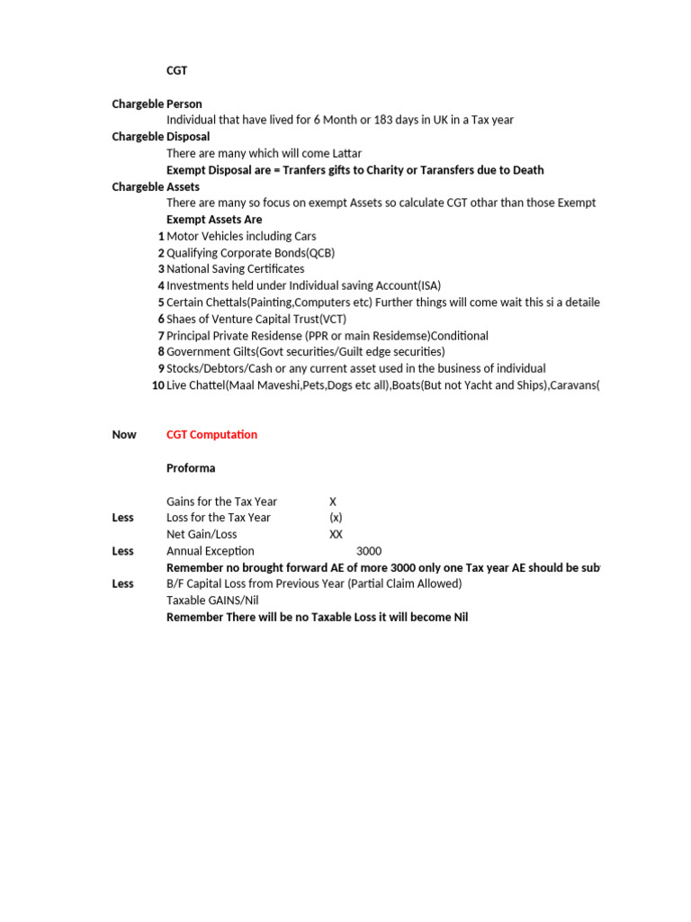 CGT Notes For TX UK ACCA | PDF | Taxes | Tax Exemption