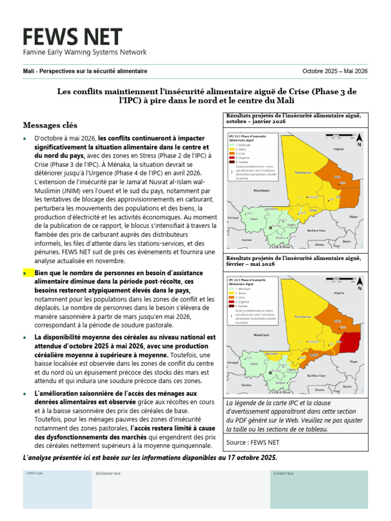 Insécurité alimentaire au Mali : Oct 2025 - Mai 2026 | PDF | Sécurité ...