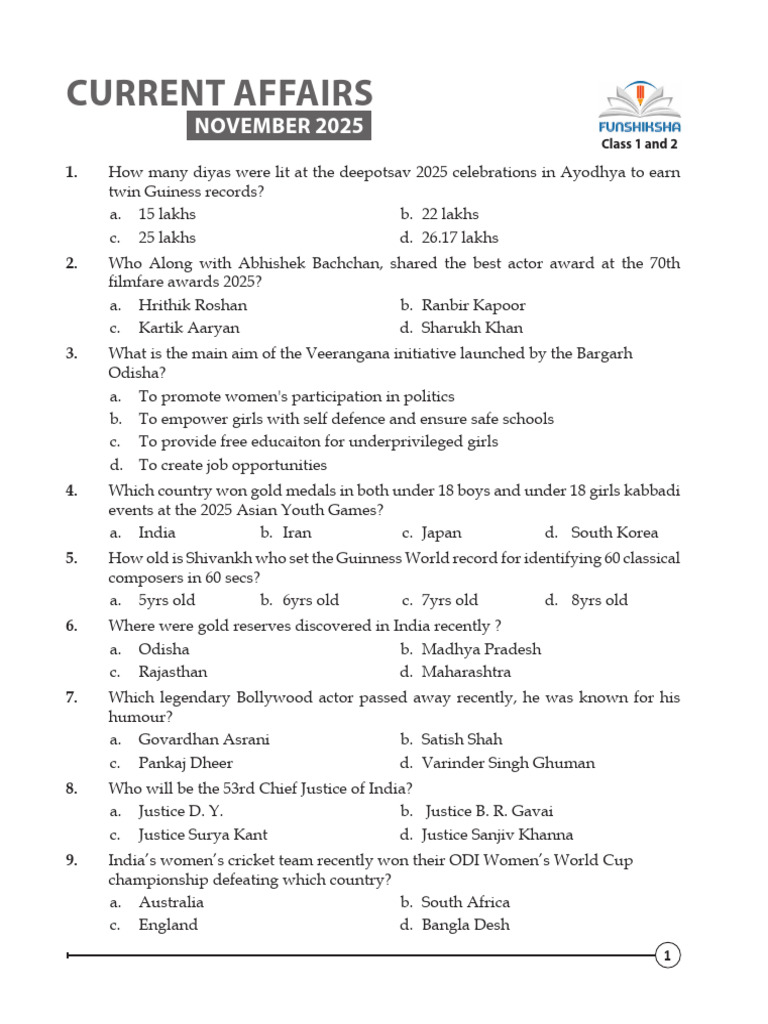 November 2025 Current Affairs Quiz | PDF