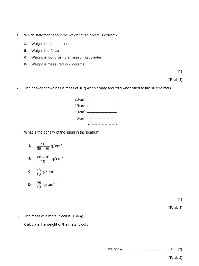 Mass, Weight, and Density Worksheet | PDF | Weight | Density
