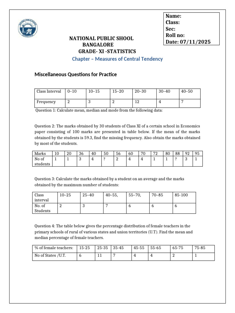 Grade XI Statistics Practice Questions | PDF | Mode (Statistics) | Median