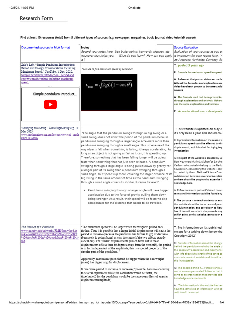 Pendulum Research and Source Evaluation | PDF | Pendulum | Potential Energy