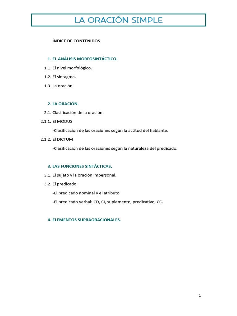1 La Oración Simple. Def (1) | PDF | Predicado (Gramática) | Verbo