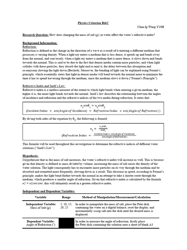 Effect of Salt Mass on Water Refraction | PDF | Refraction | Refractive ...