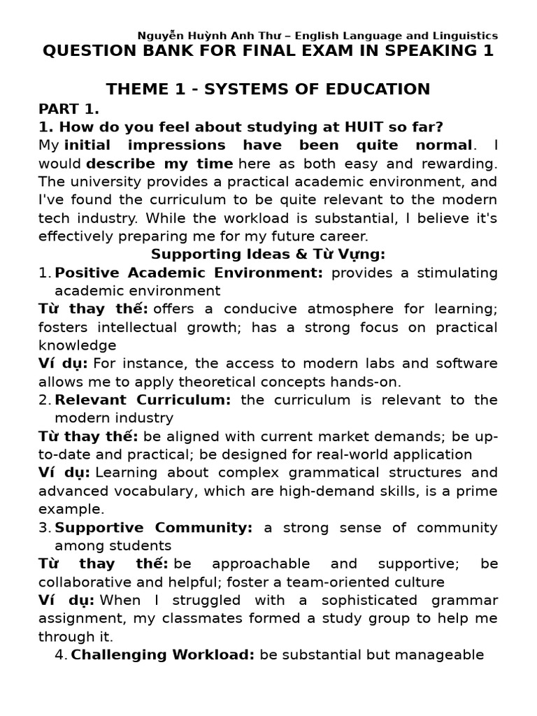 Final Exam Speaking Questions Guide | PDF | Schools | Syntax