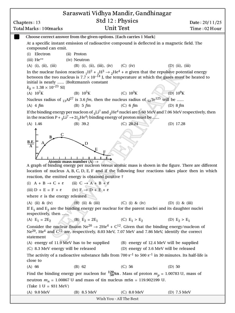 Std 12 Physics Unit Test Questions | PDF | Atomic Nucleus | Neutron