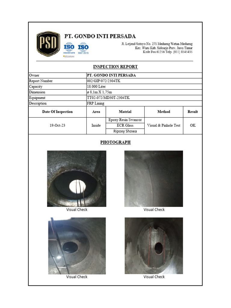FRP Lining Inspection Report 002/GIP/072 | PDF