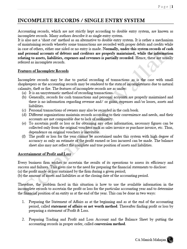 Incomplete Records and Single Entry System | PDF | Balance Sheet | Expense