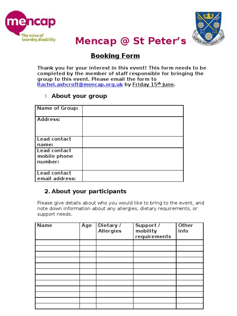 Booking Form ST Peters Vs1 | PDF | Caregiver | Business