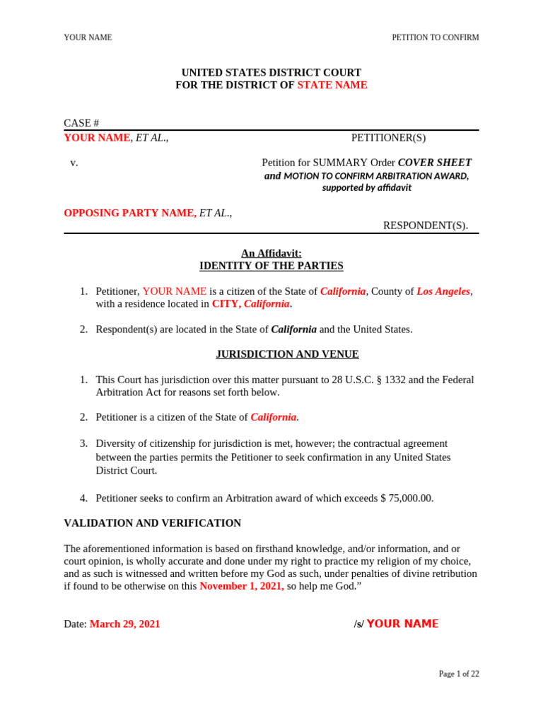 Petition to Confirm Arbitration Award | PDF | Supreme Court Of The ...