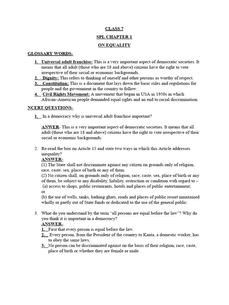 Class 7 SPL Chapter 1 On Equality | PDF | Suffrage | Citizenship
