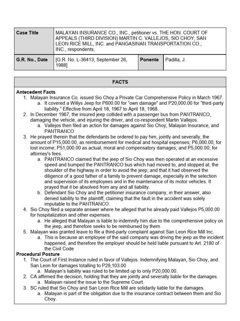Malayan Insurance vs. Vallejos Case Summary | PDF | Legal Liability ...