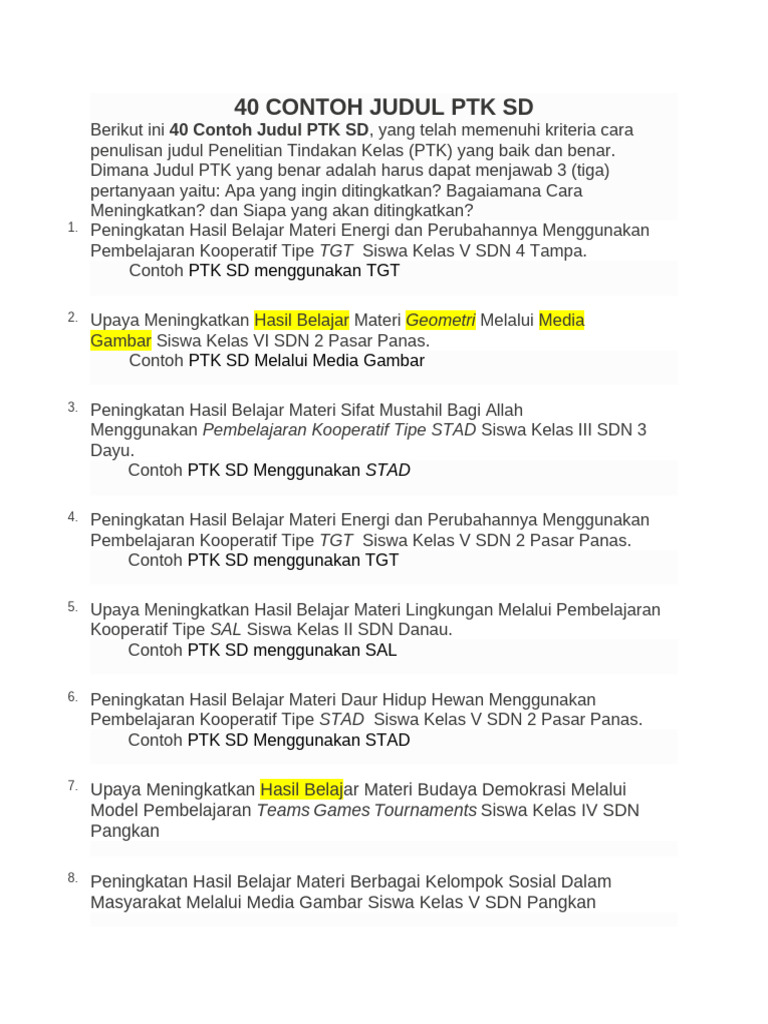 40 Contoh Judul PTK untuk SD | PDF