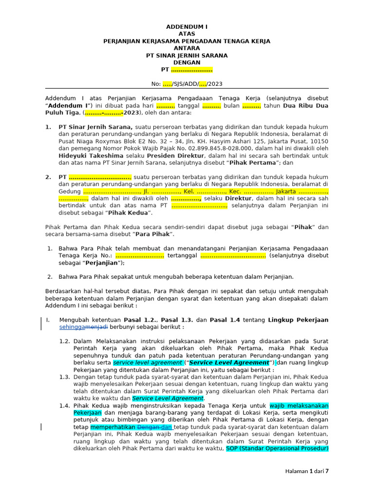 Addendum Perjanjian Kerjasama Tenaga Kerja | PDF