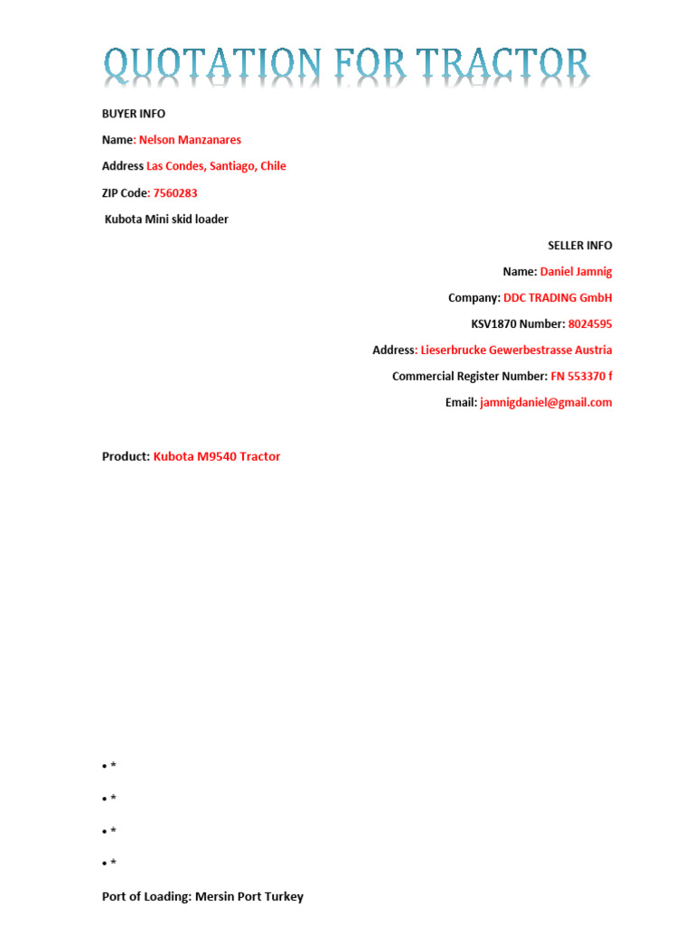 Quotation & Specification For Kubota M9540 Tractor | PDF