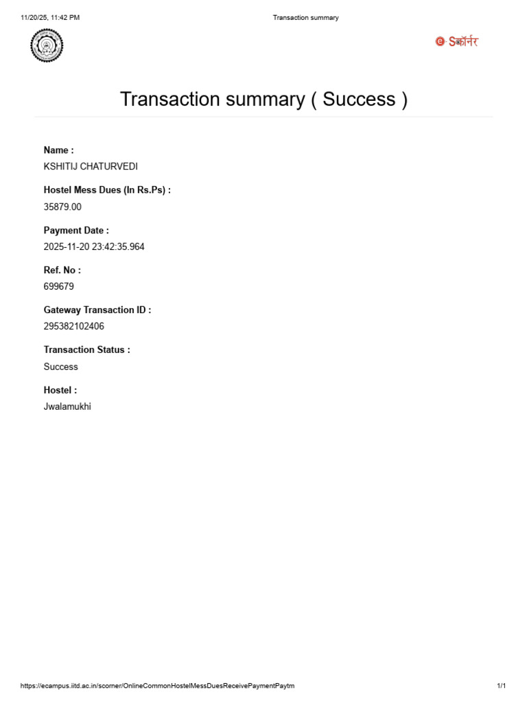 Successful Hostel Mess Payment Summary | PDF