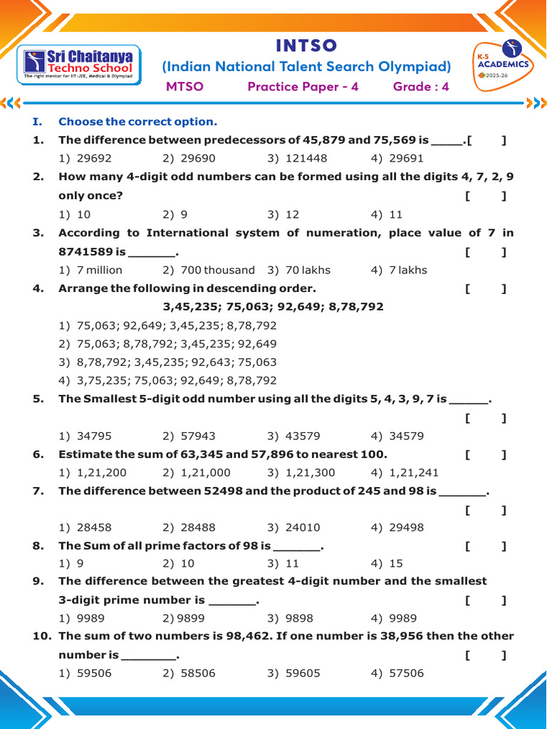 Grade 4 Math Practice Paper 2025-26 | PDF | Number Theory | Arithmetic