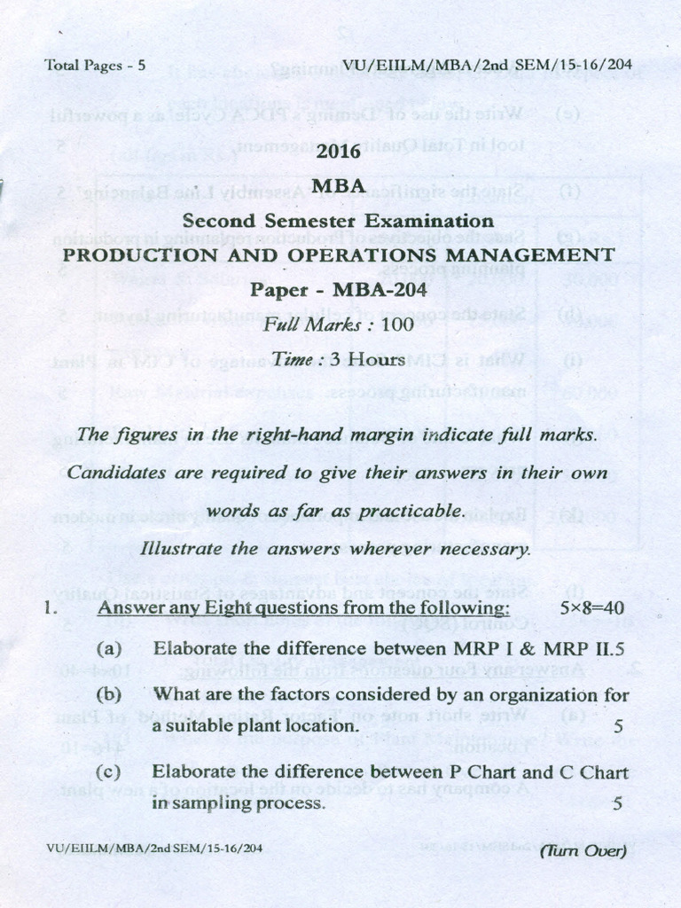 MBA Production Operations Management Exam | PDF | Master Of Business ...