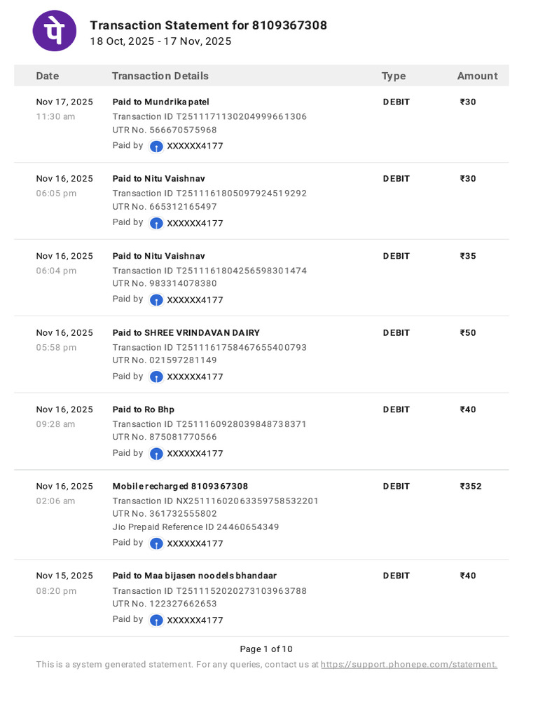 Transaction Statement for 8109367308 | PDF | Debits And Credits | Debit ...