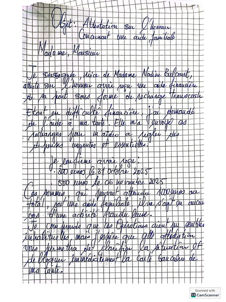 Attestation Sur L'honneur Concernant Une Aide Familiale | PDF