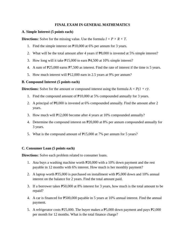 General Mathematics Final Exam Solutions | PDF | Interest | Compound ...