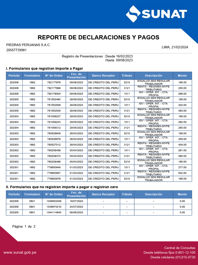 Reporte de Declaraciones y Pagos SUNAT | PDF | Informática ...
