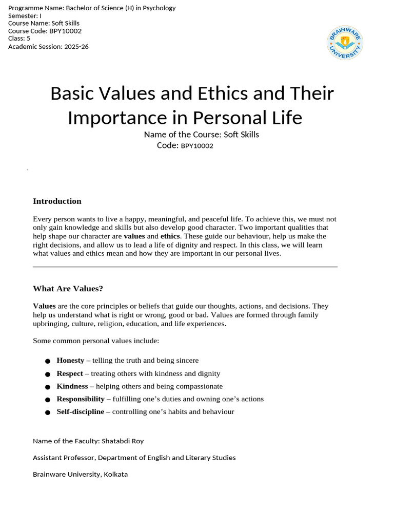L5 - Basic Values & Ethics and Their Importance in Personal Life | PDF ...