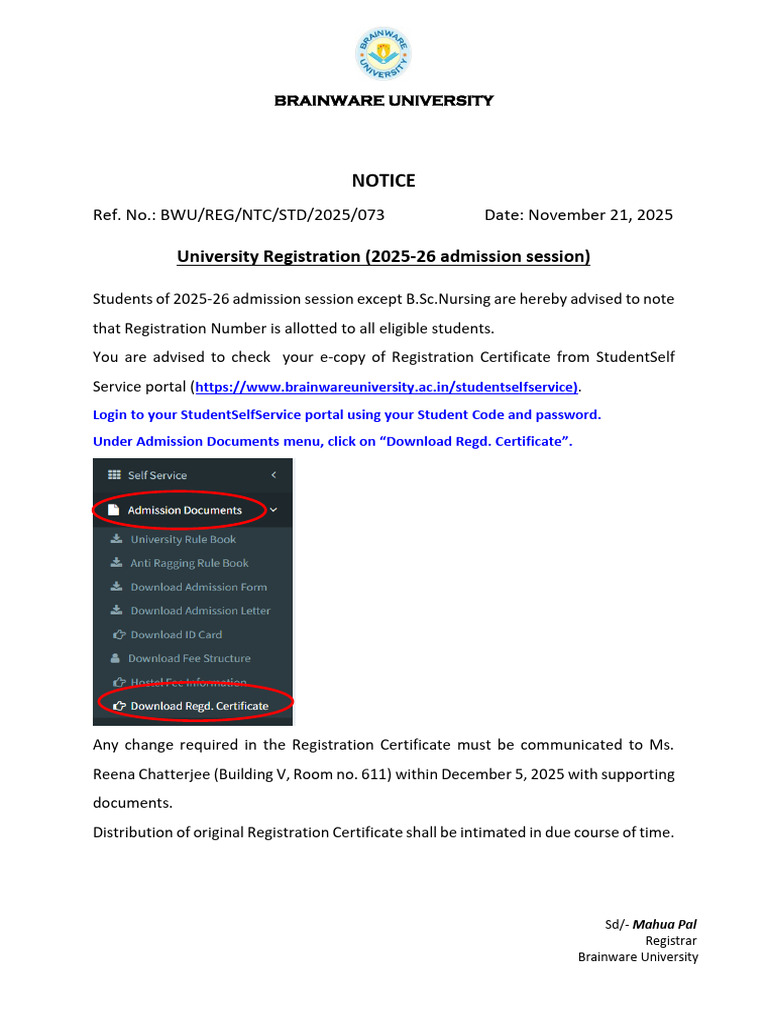 Brainware University 2025-26 Registration Notice | PDF