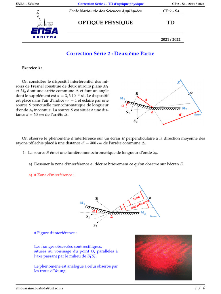 Correction TD Optique Physique ENSA Kénitra | PDF | Physique appliquée ...