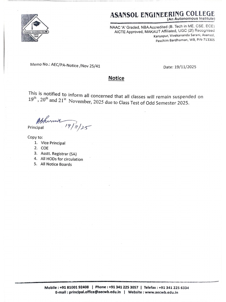 Notice Class Suspended Due To Class Test of Odd Sem 2025-26 | PDF