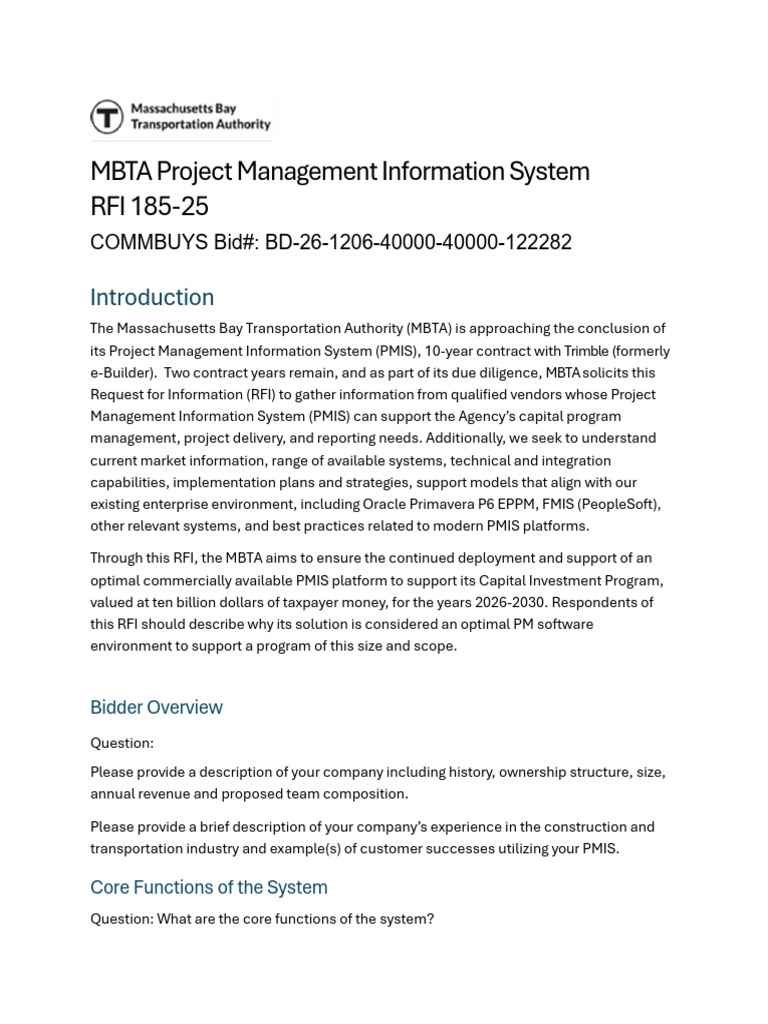 MBTA PMIS RFI for Vendor Solutions | PDF | Building Information ...