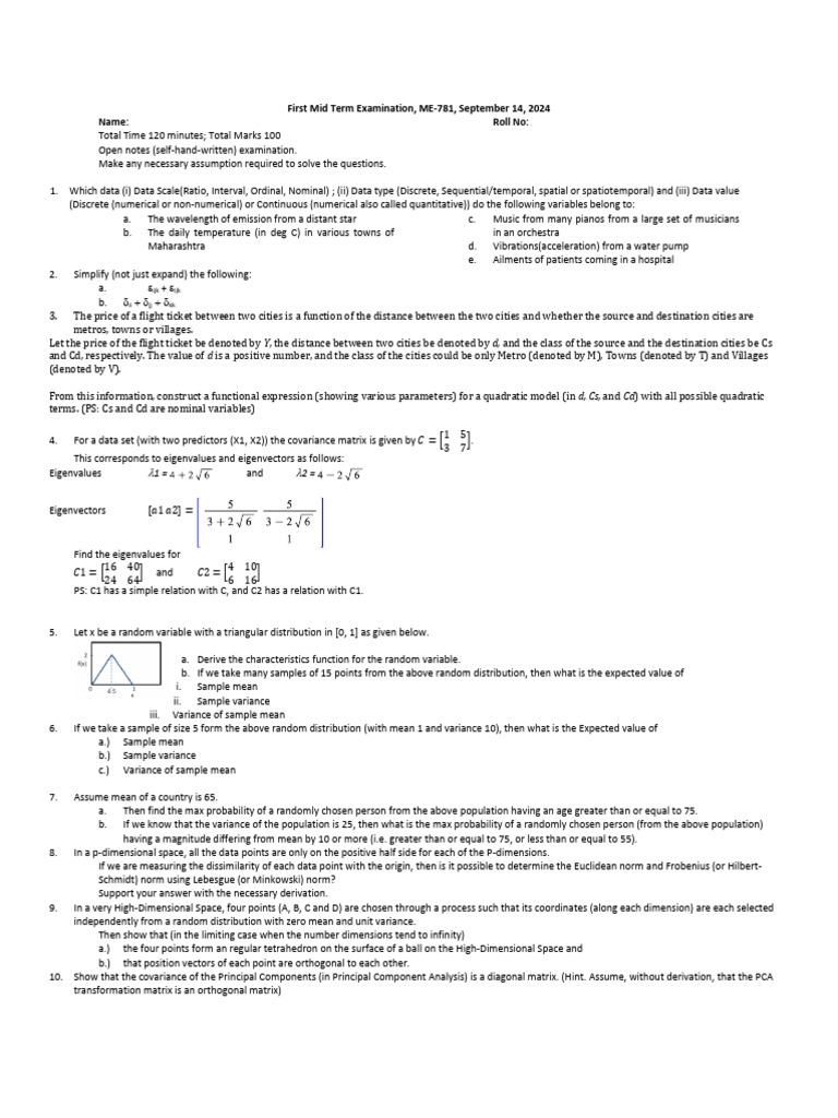 ME-781 Midterm Exam: Data Analysis Concepts | PDF | Variance ...