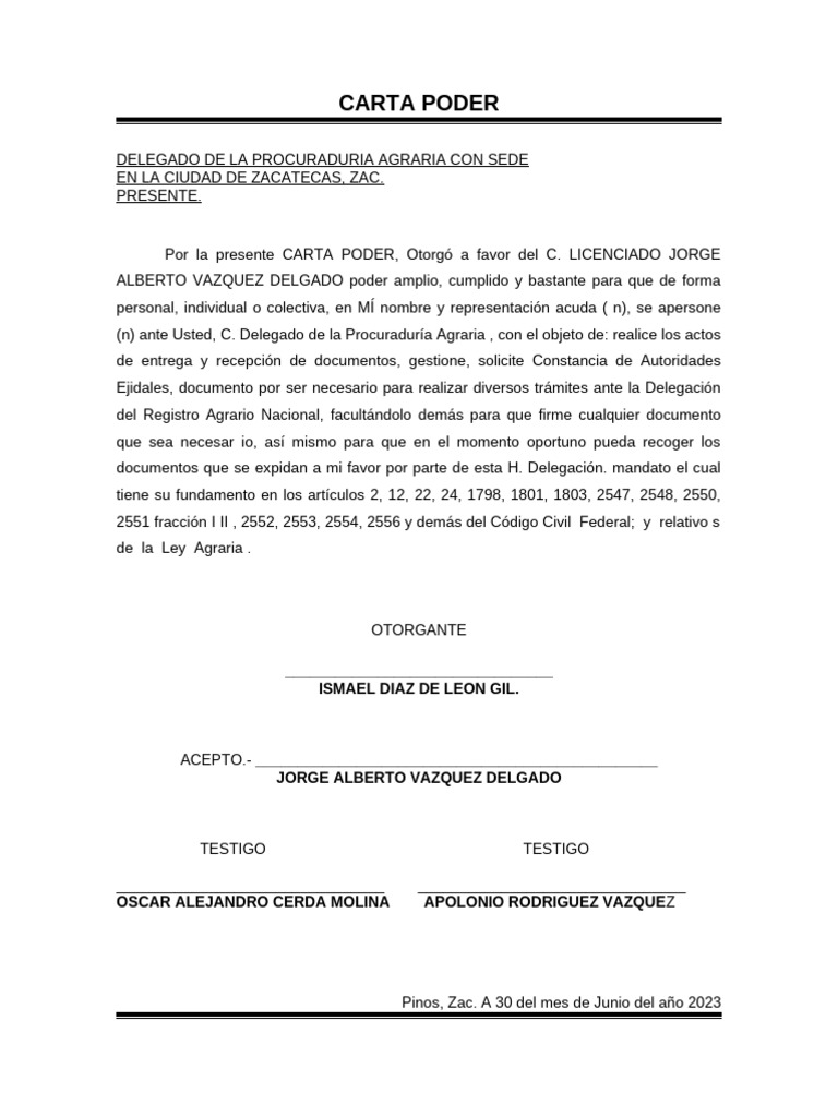 Carta Poder para Gestión Agraria en Zacatecas | PDF