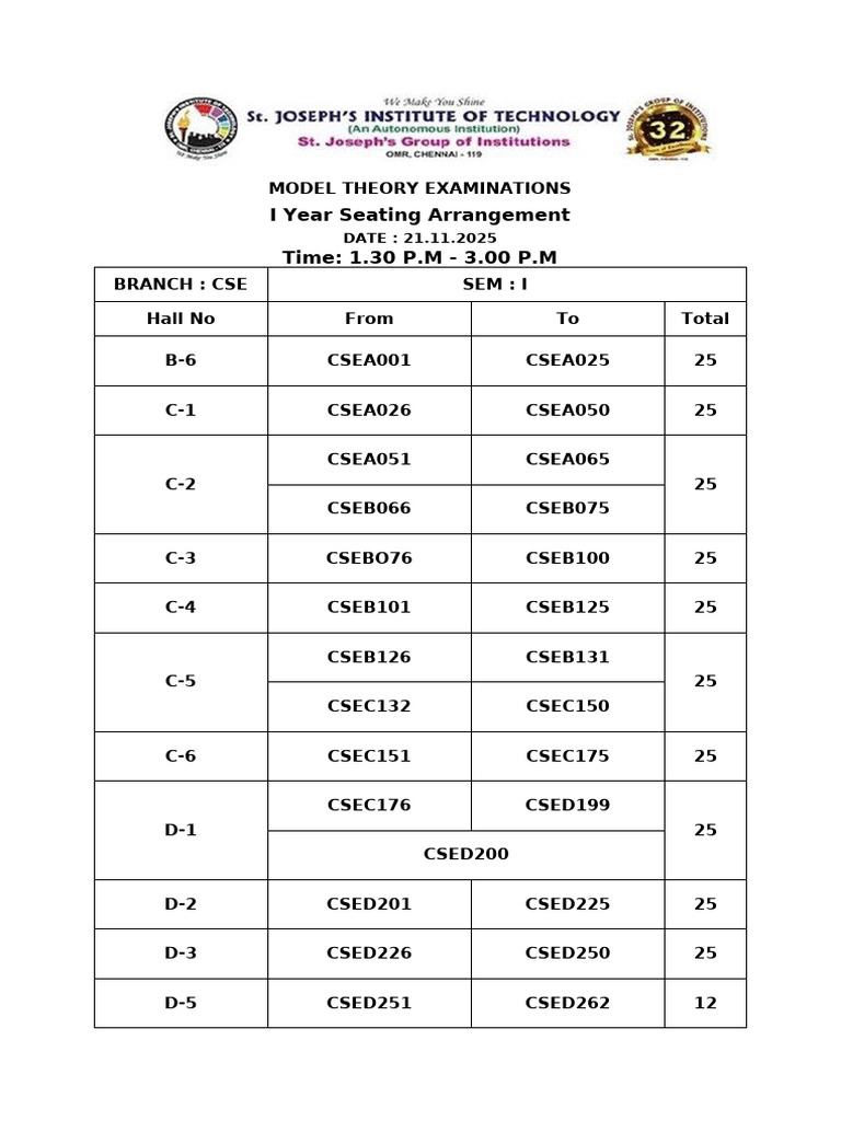 CSE I Year Exam Seating Plan 2025 | PDF