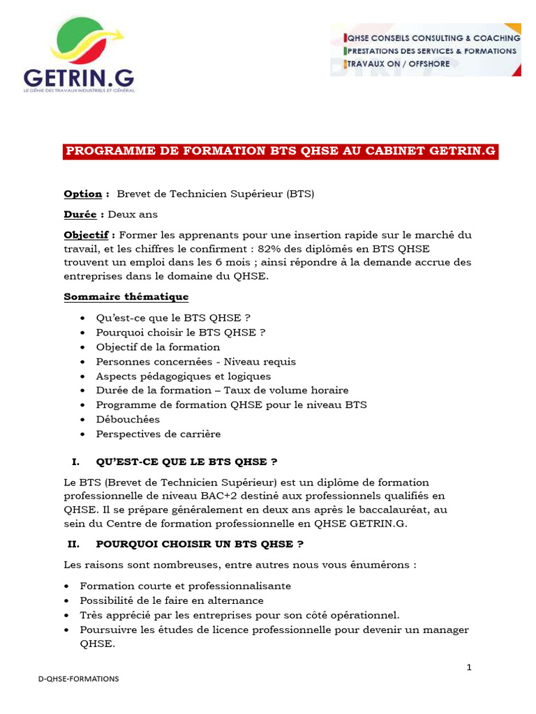 Formation BTS QHSE au Cabinet Getrin.G | PDF | Environnement naturel ...