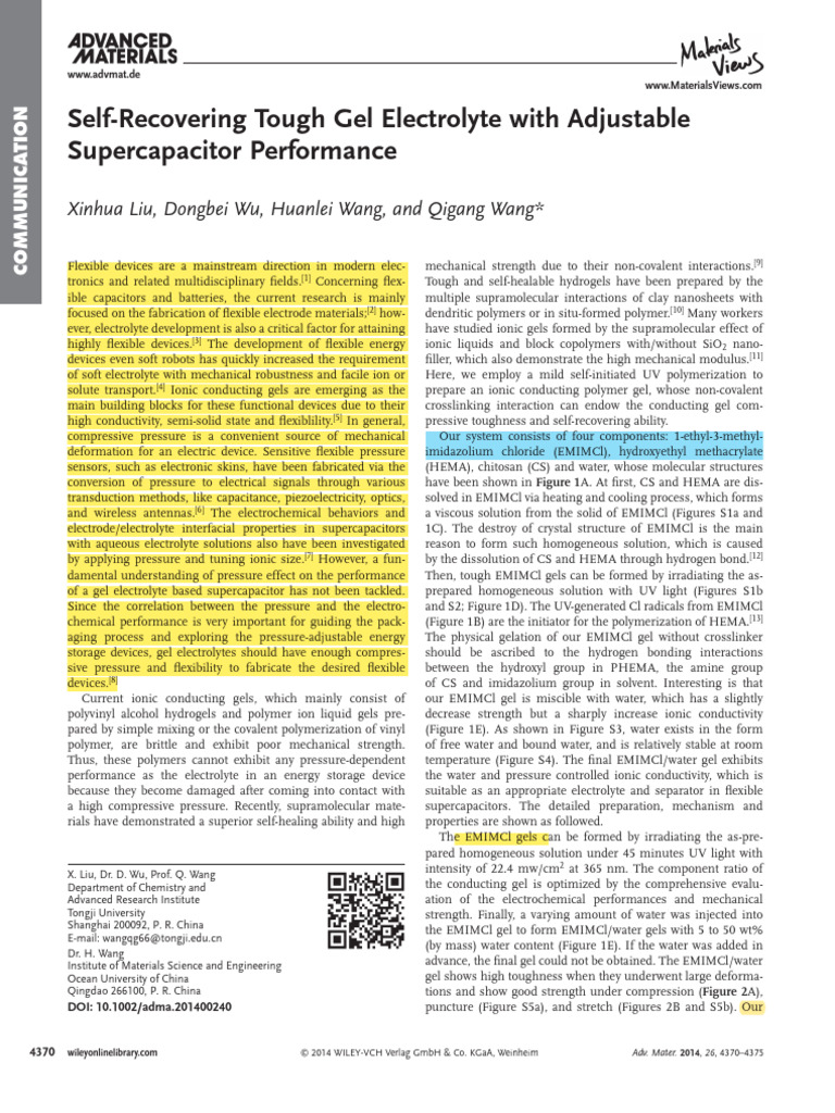 Self-Recovering Gel Electrolyte for Supercapacitors | PDF | Gel ...