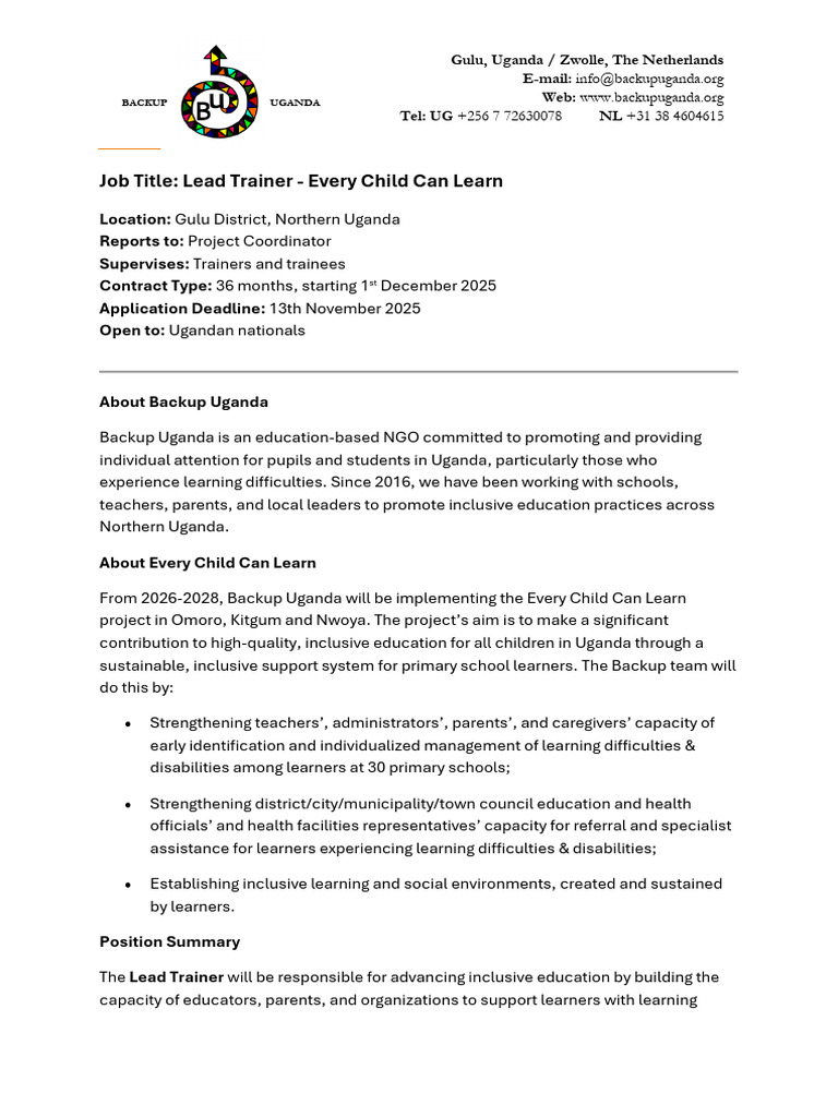 Lead Trainer Position in Inclusive Education | PDF | Inclusion ...