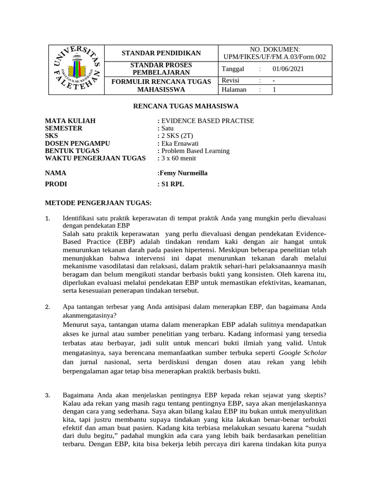Rencana Tugas EBP untuk Mahasiswa Keperawatan | PDF