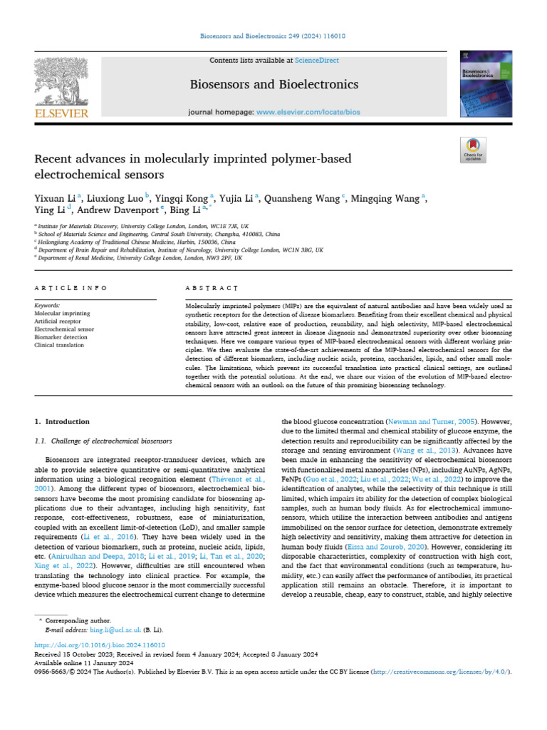 Recent Advances in Molecularly Imprinted Polymer-Based Electrochemical ...