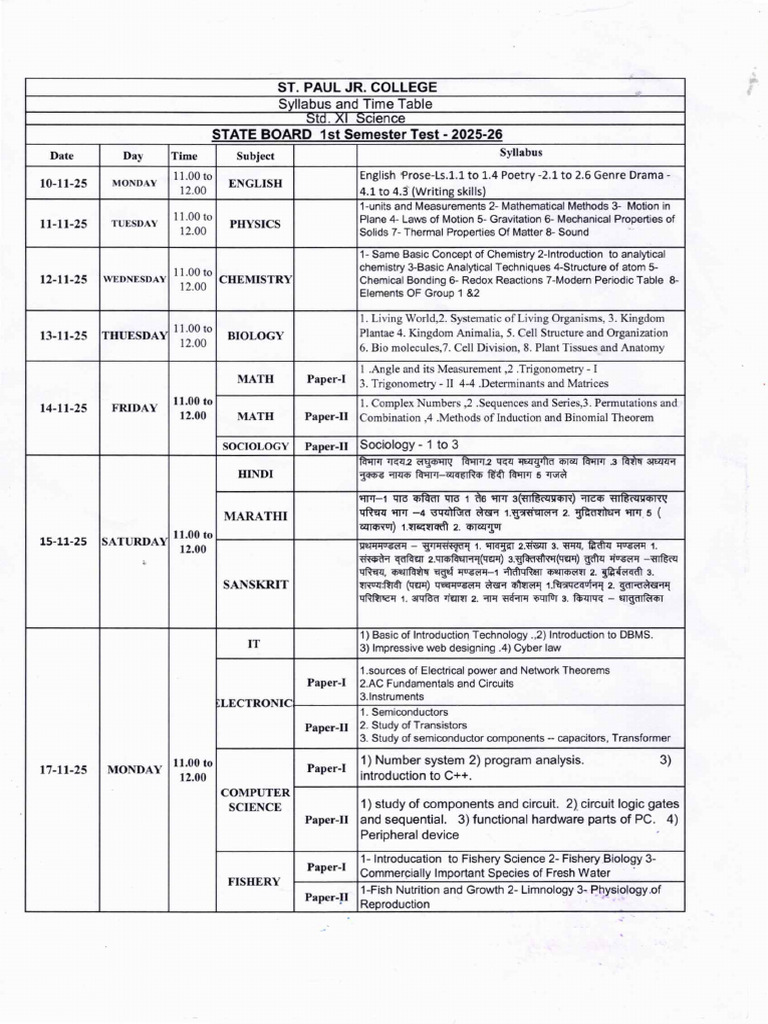 Xi Science 1st Semester Timetable - 2025 - 2026 | PDF