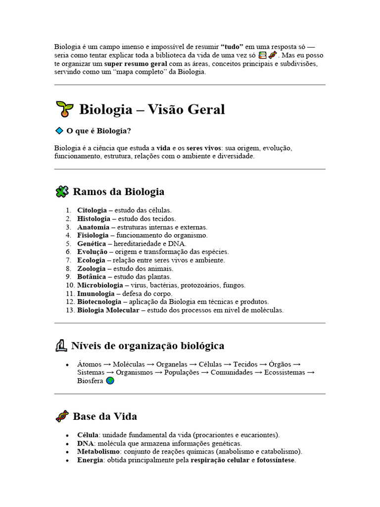 Mapa Completo da Biologia e Ramos | PDF | Biologia | Vida