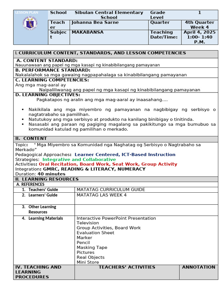 Final Co Lesson Plan Grade1berano Makabansa Sy 2024-2025 | PDF
