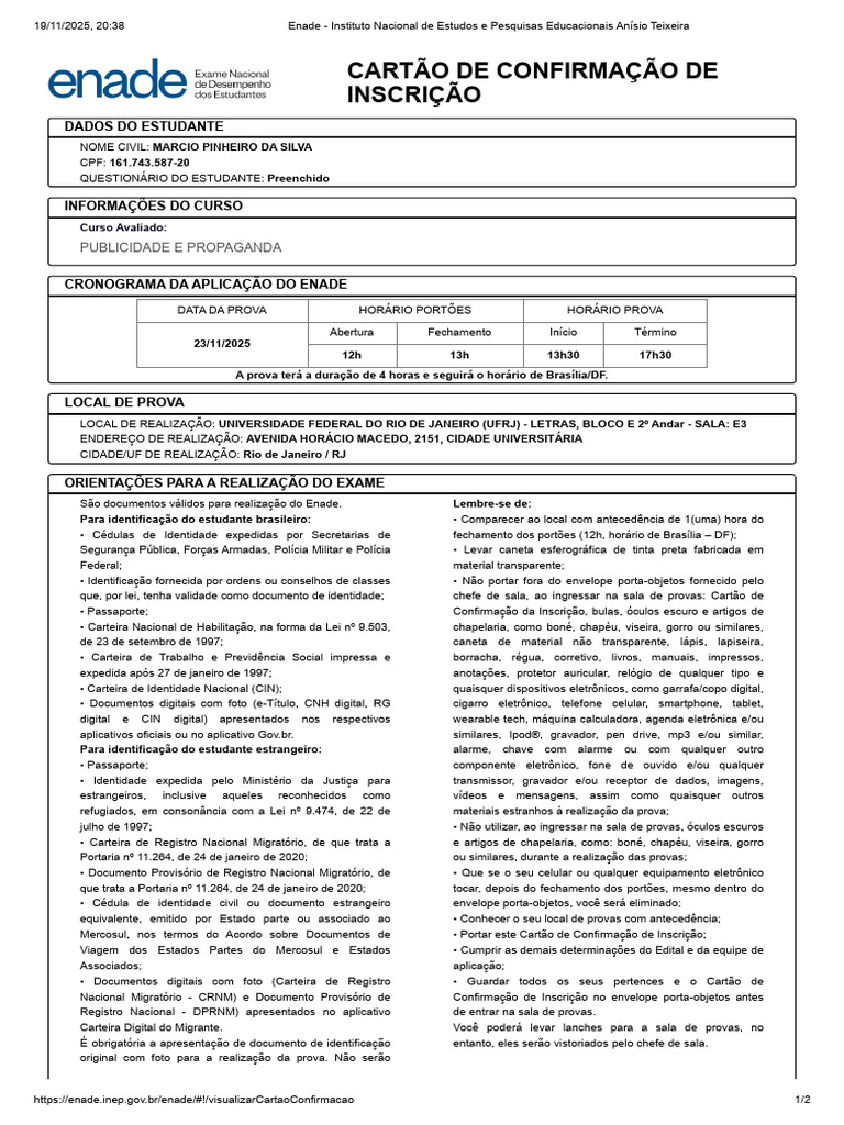 Cartão de Confirmação do ENADE 2025 | PDF