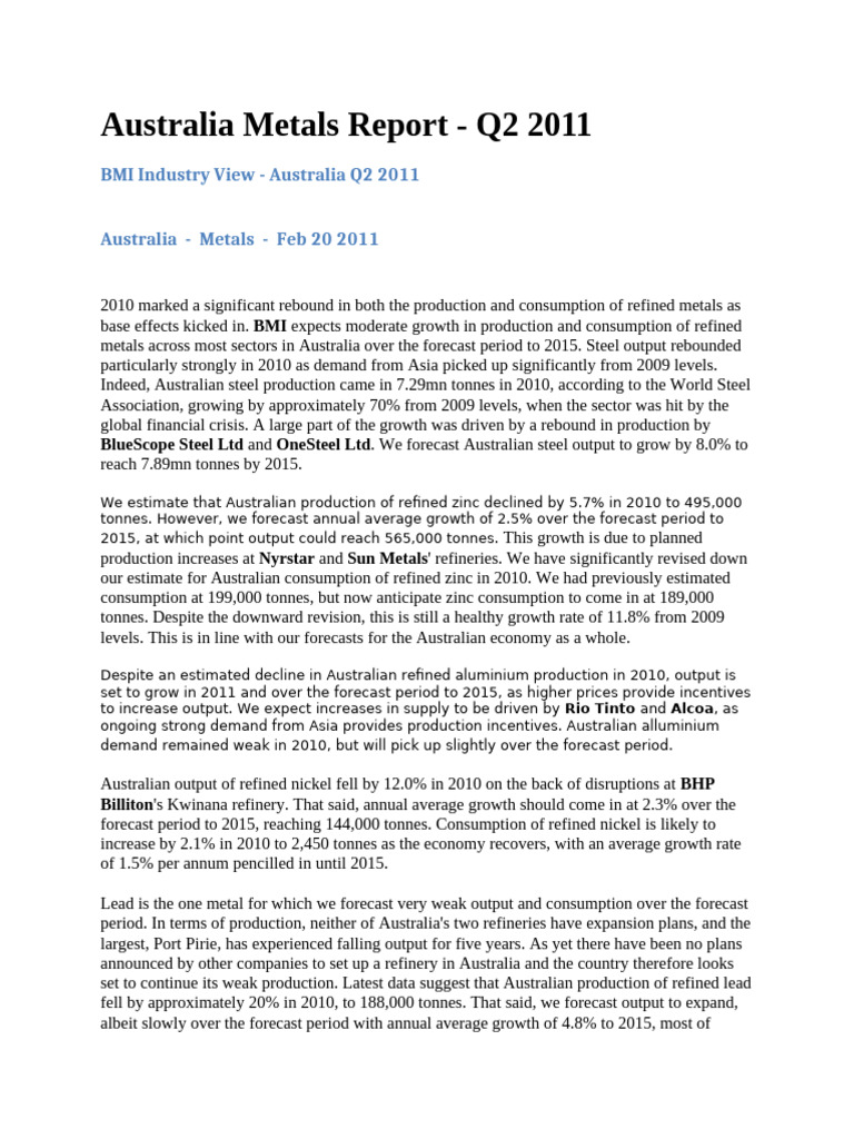 Australia Metals Report - Q2 2011 | PDF | Economies