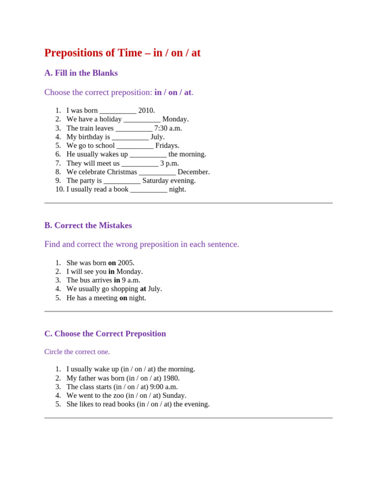 Prepositions of Time: In, On, At Exercises | PDF