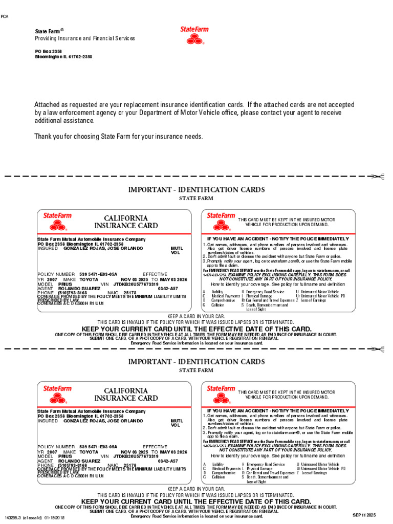 State Farm Insurance Card Instructions | PDF | Insurance | Vehicle ...
